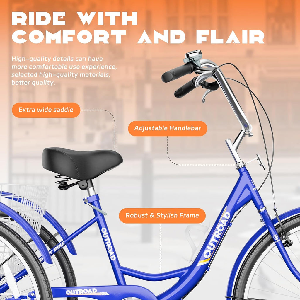 Max4out Adult Tricycle with Large Basket 24/26 Inch, Stable 3 Wheel Cruise Bicycle for Shopping, Beach and City Trike Perfect for Men, Women, Seniors（Blue/Purple/Red）