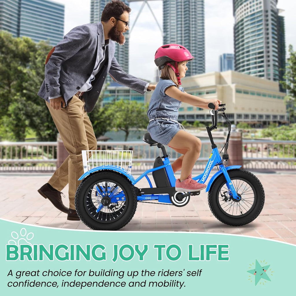 LILYPELLE Electric Tricycle for Youth, 250W Aluminum Frame Electric Tricycle Etrike, 16IN 3 Wheels Electric Bicycle Bikes, 3.0 Fat Tire Electric Trike with Removable Battery and Rear Basket