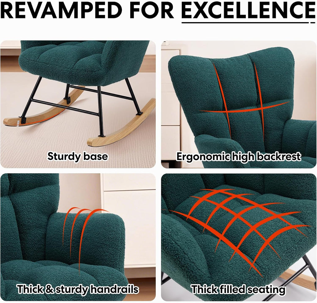 HealSmart Nursery Rocking Chair Teddy - Upholstered Comfy Glider Rocker with High Back Armchair, Cozy Reading Recliner Fluffy Comfortable Chair for Bedroom, Baby Room, Living Room and Study, Green