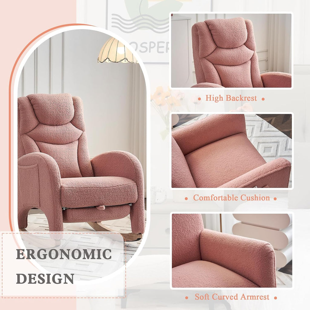 Rocking Chair Nursery with Foot Rest,Upholstered Teddy Glider Rocker with Wood Legs, Nursing Rocking Chair for Living Room/Nursery,Pink