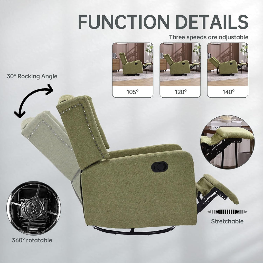 HRVEOCEI Glider Recliner Nursery Chair, Cozy Linen Rocking Chair Nursery Recliner with Adjustable Button Backrest and Footrest, Swivel Recliner Chair for Living Room, Bedroom, Office (Olive Green)