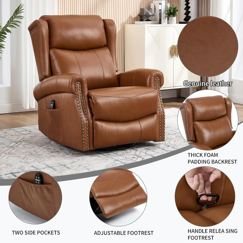 PELUMY Genuine Leather Swivel Rocking Recliner Chair for Adults, 360° Swivel Glider Rocker with Heat & Vibrating Massage, Lounge Chair for Living Room, Bedroom, Nursery (Earth Yellow)