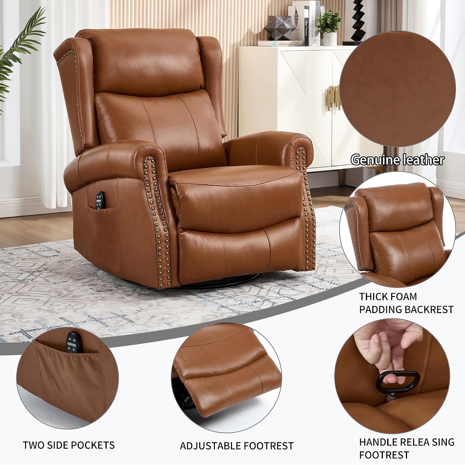 PELUMY Genuine Leather Swivel Rocking Recliner Chair for Adults, 360° Swivel Glider Rocker with Heat & Vibrating Massage, Lounge Chair for Living Room, Bedroom, Nursery (Earth Yellow)