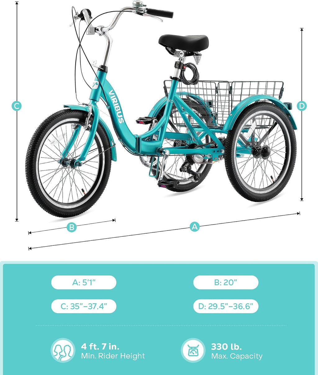 VIRIBUS Folding Tricycle for Adults, 20 inch Foldable Adult Tricycle 1 or 7 Speed Speed with Basket, Folding 3 Wheel Bikes for Adults Senior Women Men, Collapsible Mini Trike, Three Wheeler 330lb.