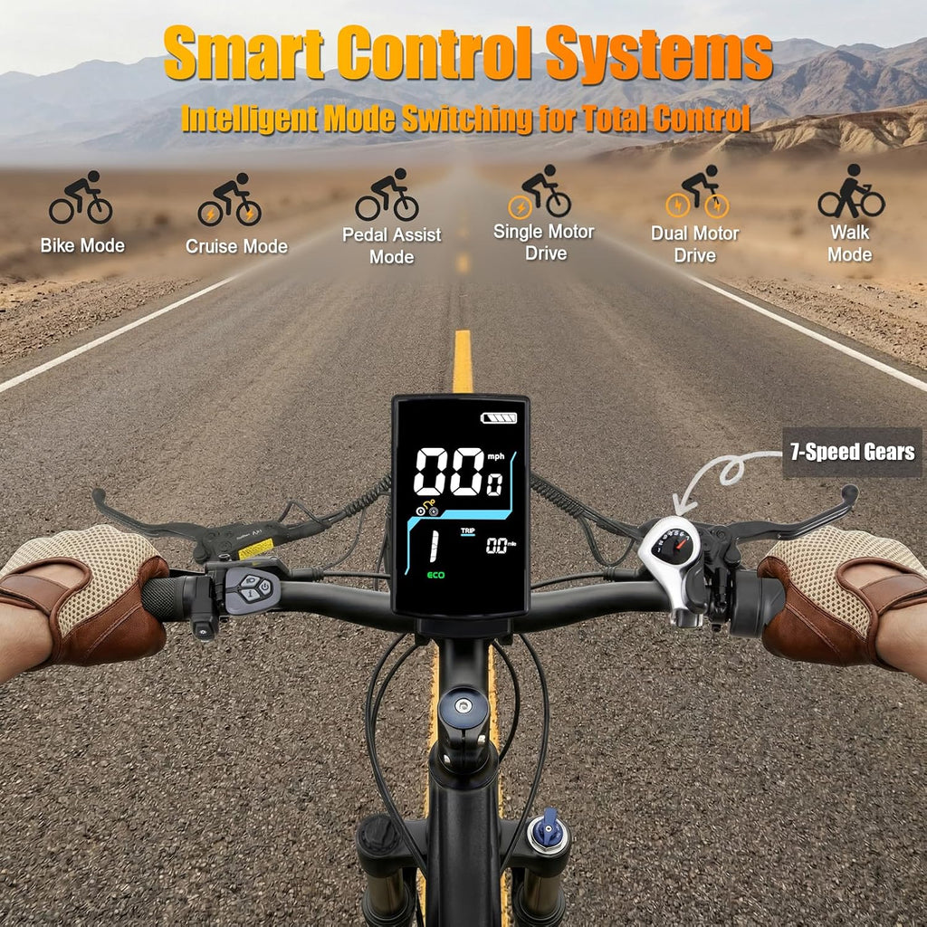 2026 Dual Motor Electric Bike for Adults AWD 5000W/3000W Peak 40 MPH/30 MPH E Dirt Bike, 52V/48V Removable Battery 65/80/150 Miles Max Long Range with Full Suspension 26' Fat Tires Mountain Bike