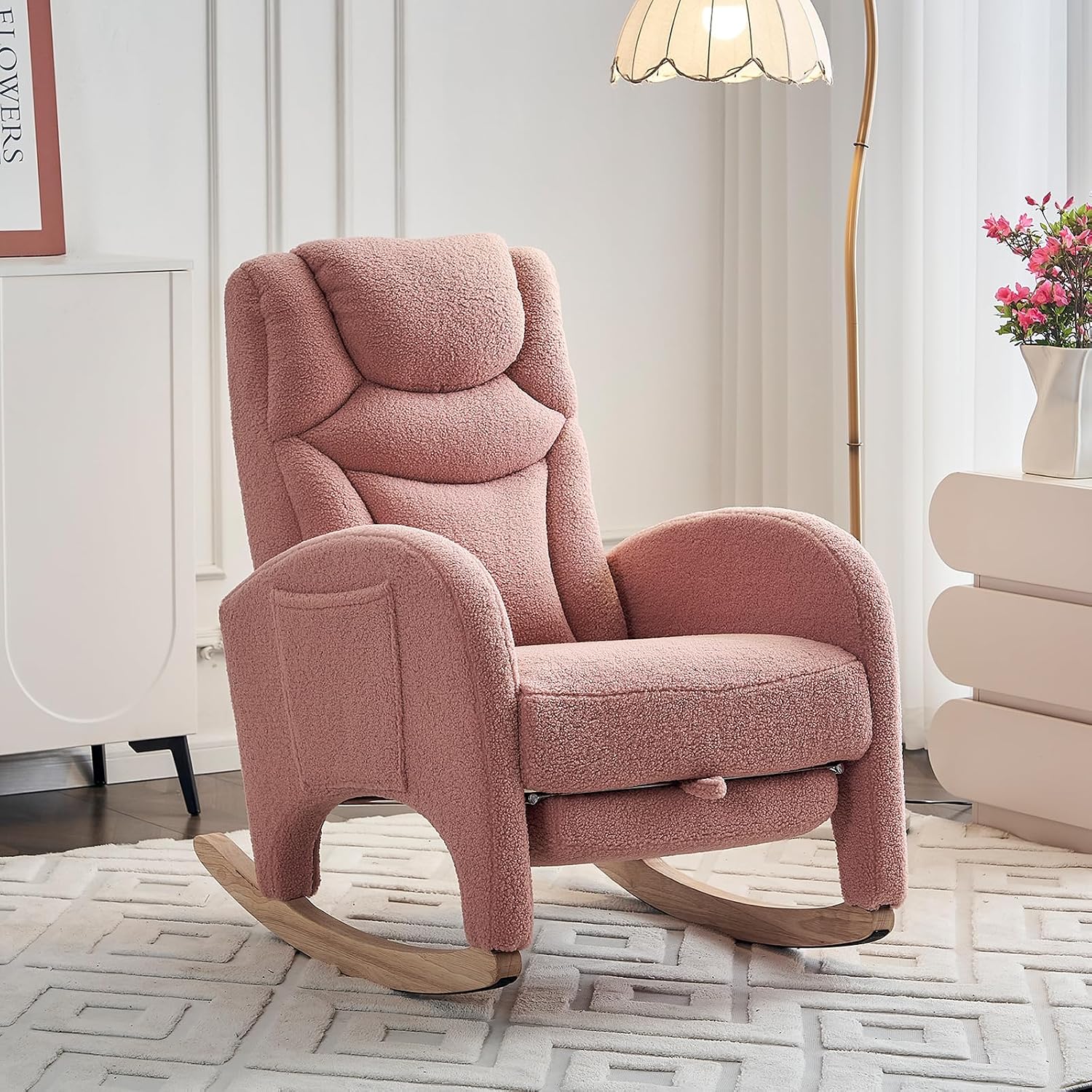 Rocking Chair Nursery with Foot Rest,Upholstered Teddy Glider Rocker with Wood Legs, Nursing Rocking Chair for Living Room/Nursery,Pink