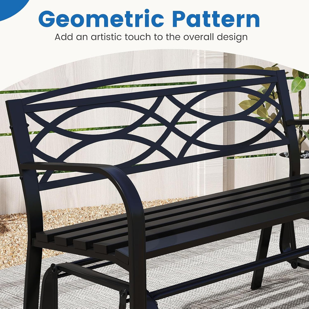 Tangkula 2-Person Outdoor Glider Bench, Patio Rocking Loveseat Chair with Metal Frame, Armrests, Geometric Backrest and Slatted Seat for Porch, Garden, Deck and Backyard