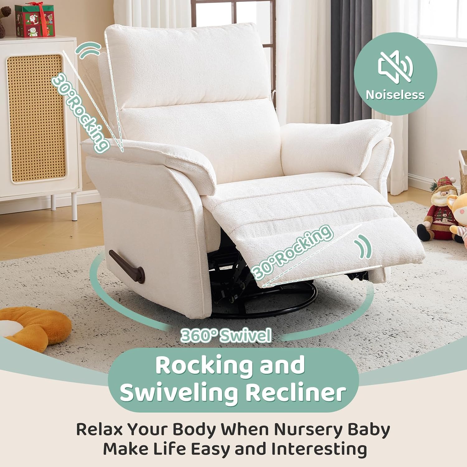Oversized Swivel Rocker Recliner with Adjustable Headrest, Rocking Chair Nursery with Overstuffed Armrest, Manual Rocker Recliner Nursery Chair for Living Room, White