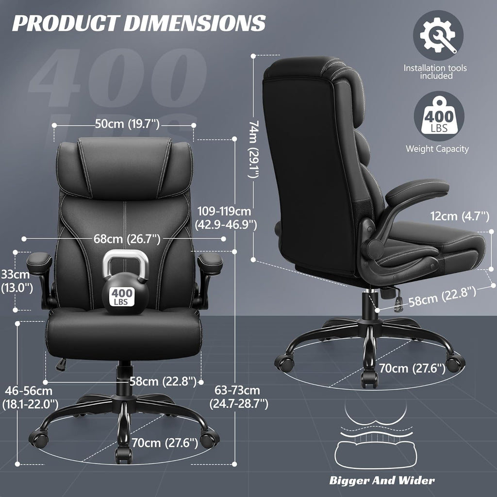 HeroSet Office Chair, Ergonomic Big and Tall Computer Desk Chairs, Executive Breathable Leather Chair with Adjustable Flip-up Armrests, Lumbar Support Swivel PC Chair with Rocking Function
