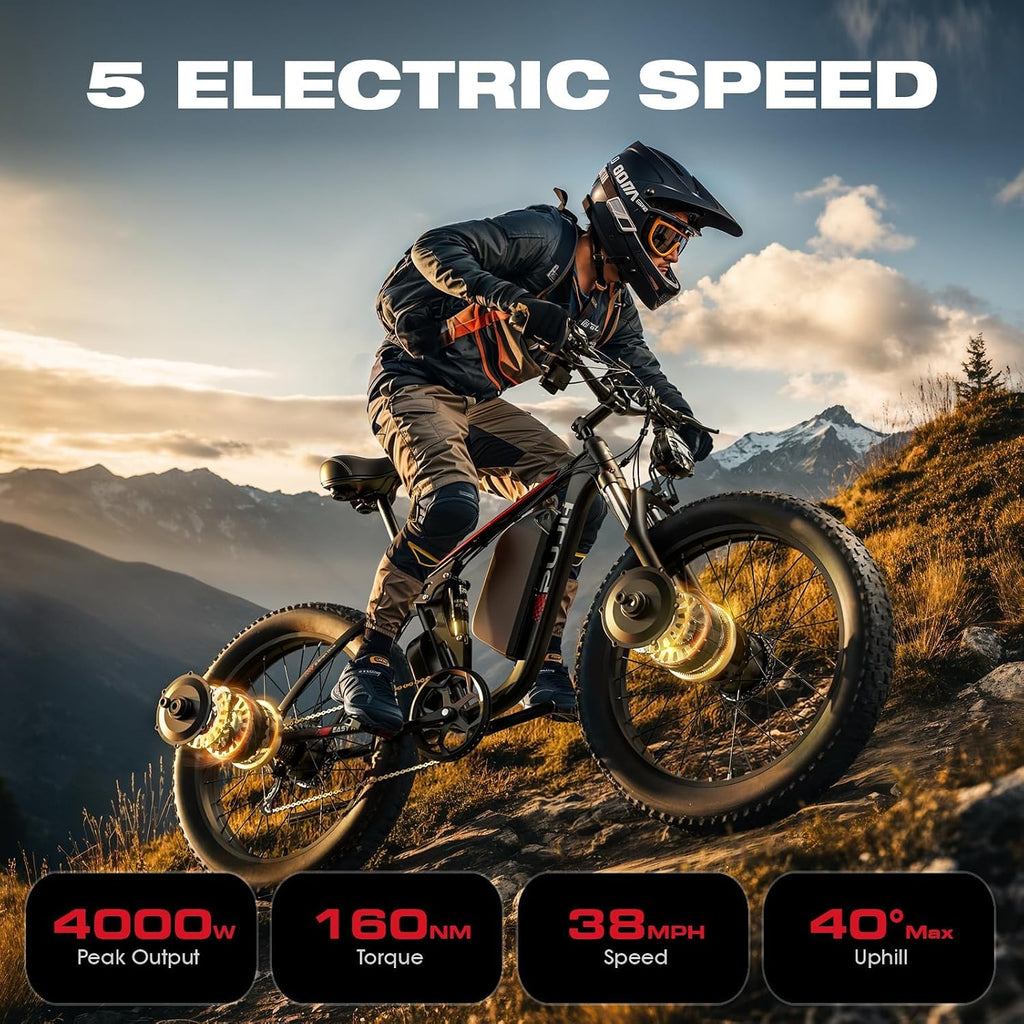 Electric Bike for Adults - 4000W Dual Motor Ebike with 52V 25Ah Removable Battery, Up to 100 Miles Range, 24' Fat Tire E Bike for Off-Road Mountain Snow Commuter Men Women