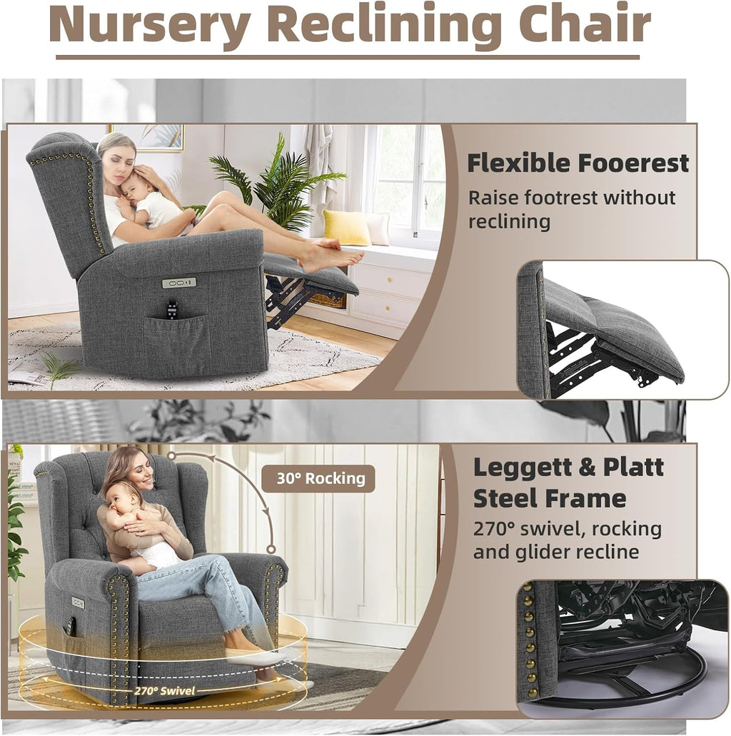 Power Swivel Rocking Glider Recliner Chair with Massage and Heat, Electric Nursery Glider Rocker for Living Room, Wingback Tufted Upholstered Recliner Chair with Type-C & USB Ports, Grey