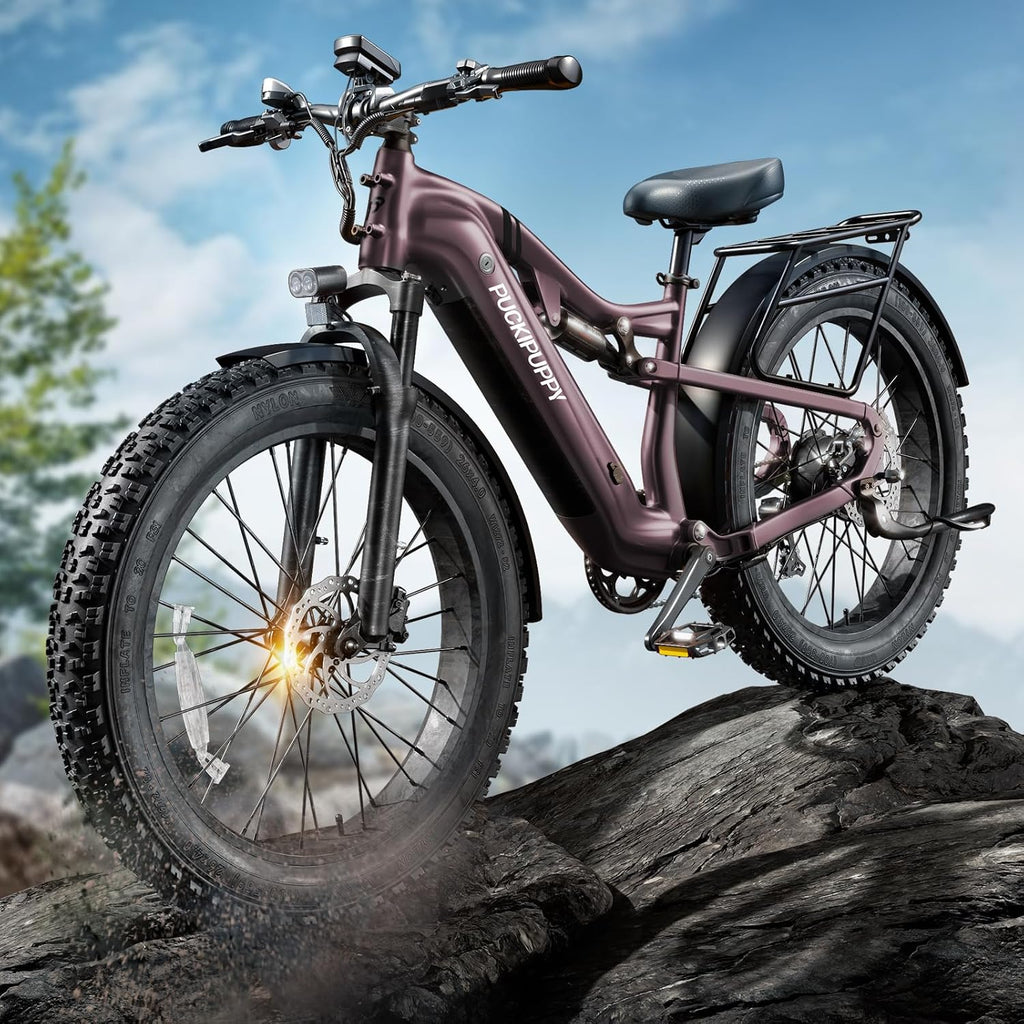 PUCKIPUPPY Electric Bike for Adults 1350W Peak, 28 MPH, 48V 20AH Battery Ebike, 26'x4' Fat Tire Full Suspension Electric Mountain Bike, 80 Miles Range, 8 Speed, Torque Sensor Labrador Pro