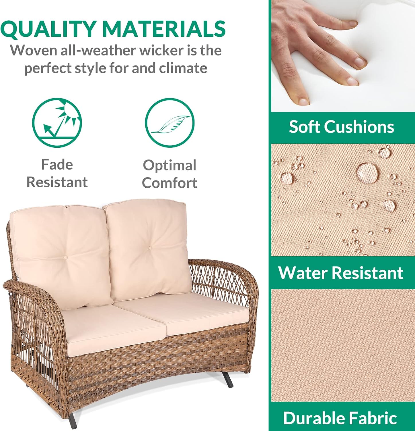 VIVIJASON 2-Piece Patio Wicker Loveseat Glider Set Cushioned, Outdoor Conversation Furniture Sets with 2-Seater Glider Rocking Bench, Coffee Table and Cushions for Porch Garden Poolside, Light Brown