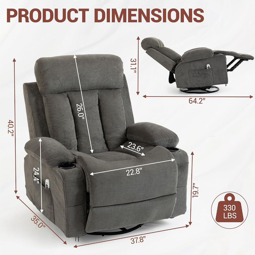 Swivel Recliner Chair for Adults w/Vibration Massage and Heating, 360° Rocker Glider Recliner w/Cup Holder and USB Charge Port for Living Room, Bedroom, Grey