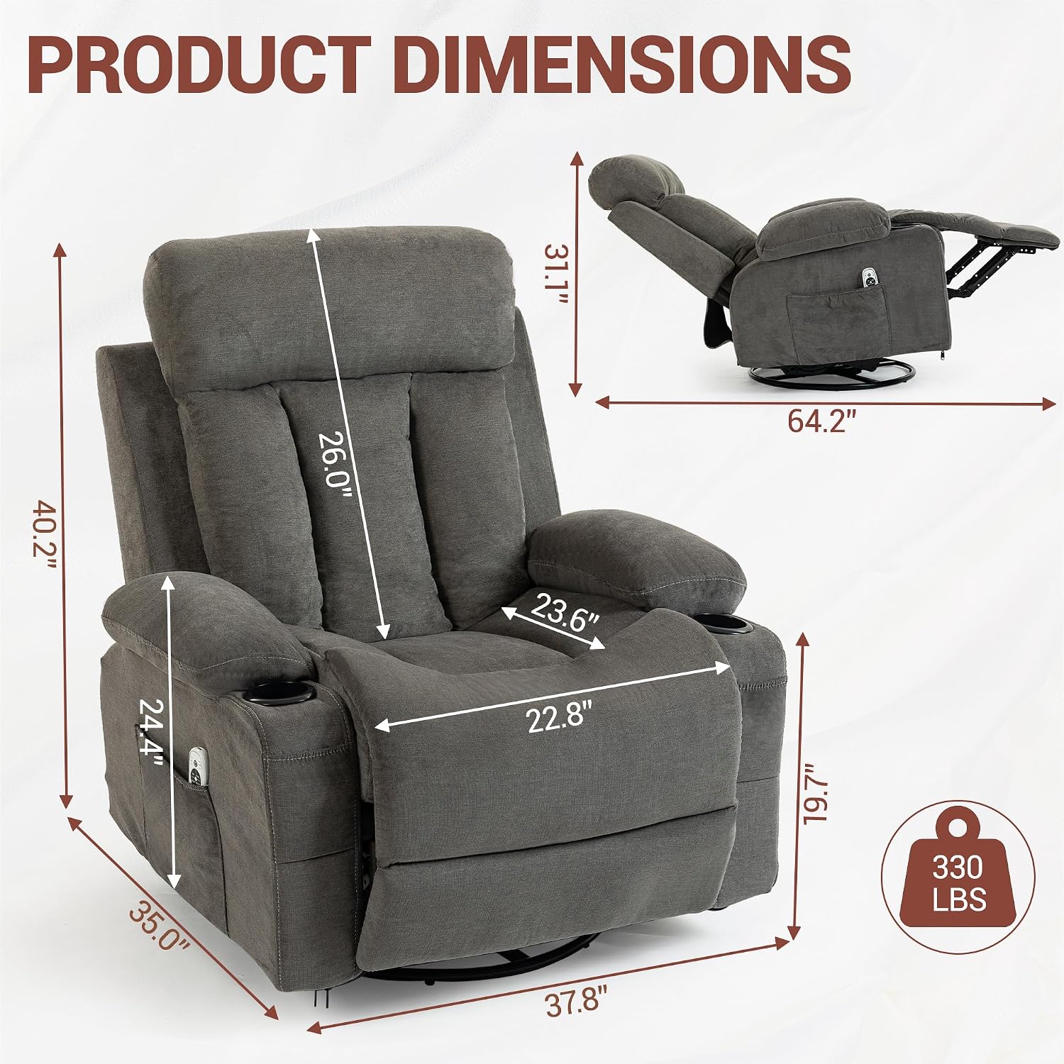 Swivel Recliner Chair for Adults w/Vibration Massage and Heating, 360° Rocker Glider Recliner w/Cup Holder and USB Charge Port for Living Room, Bedroom, Grey