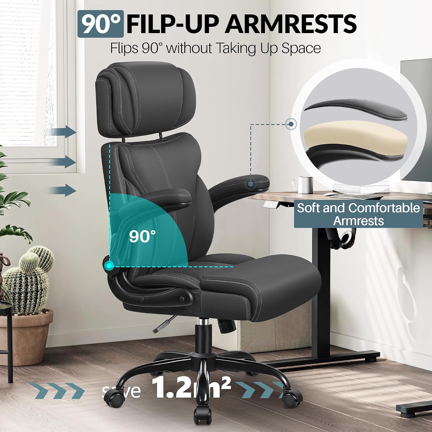 Office Chair, Ergonomic Big and Tall Computer Desk Chair with Retractable Adjustable Headrest, Executive Breathable Leather Chair, Lumbar Support Swivel PC Chair with Flip-up Armrests Rocking Function
