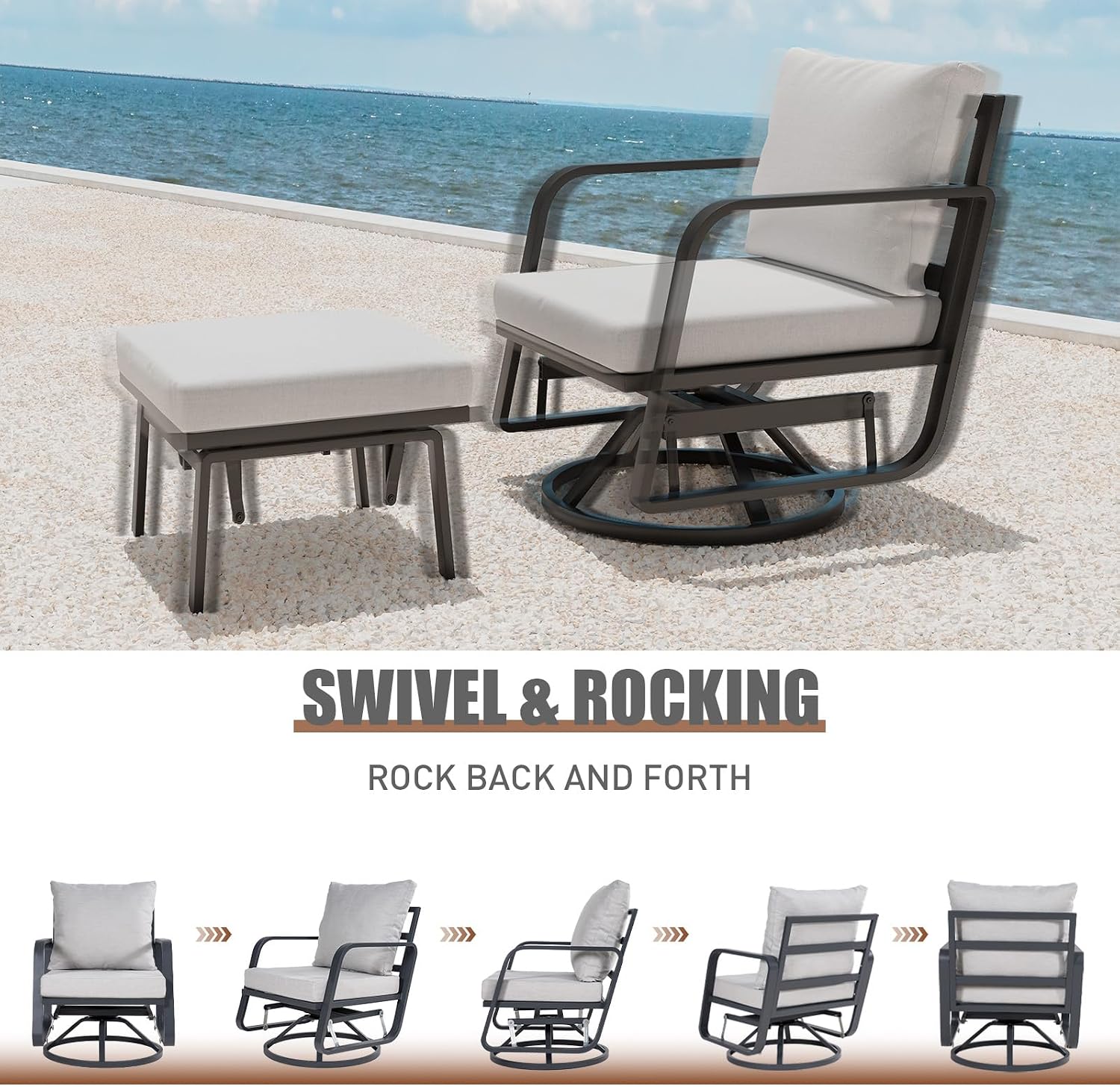 Patio Glider Swivel Rocker Sets: 4Pieces Aluminum Alloy Ensemble with 360° Swivel Rocking Glider Chairs, Rust-Resistant Frame Cushions -Perfect for Decoration (1 Glider chair& 1 Ottoman+1Table)