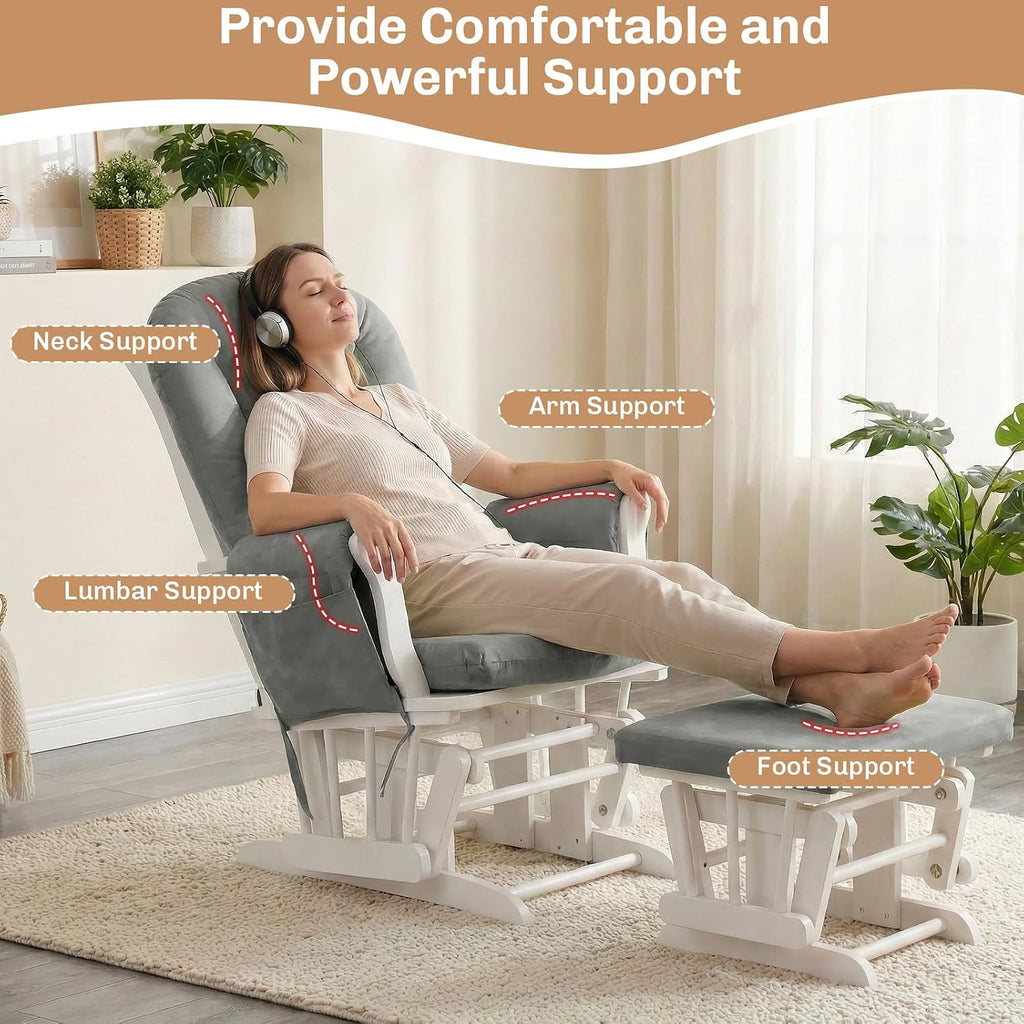 5PCS Suede Glider Rocker Replacement Cushions with 29.5' High Backrest & Side Pockets, Thickened Soft Glider Rocking Chair Cushions with Ottoman Cushion for Indoor Nursery Rocking Chair, Grey