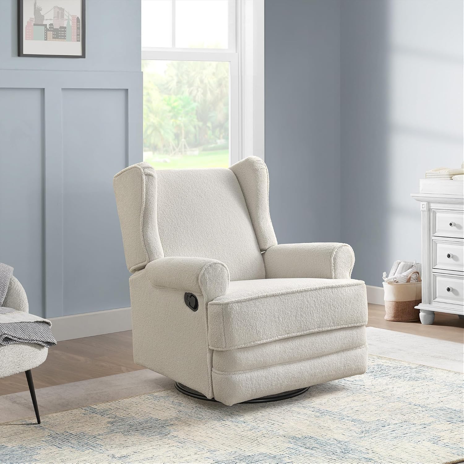 Oxford Baby Teegan Upholstered Glider Recliner Rocking Chair 360° Swivel for Nursery and Living Room - Boucle White