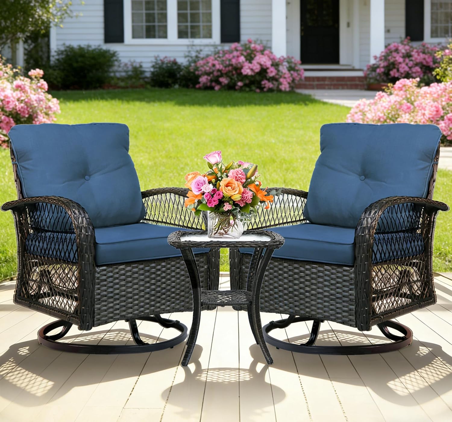 YLGJ&TIDY 3 Pieces Outdoor Swivel Rocker Patio Chair Set Wicker Patio Swivel Chairs with Side Table Cushions High Back Front Porch Rocking Chairs for Patio Balcony Backyard Deck, Blue