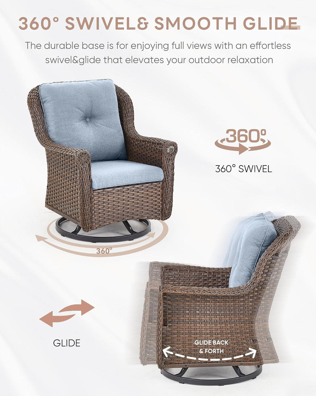 Patio Chairs Outdoor Swivel Glider - Set of 2 High Back Outside Brown Wicker Rattan Rocking Chair with Thick Cushion for Porch Apartment Deck Yard Poolside Garden - Baby Blue