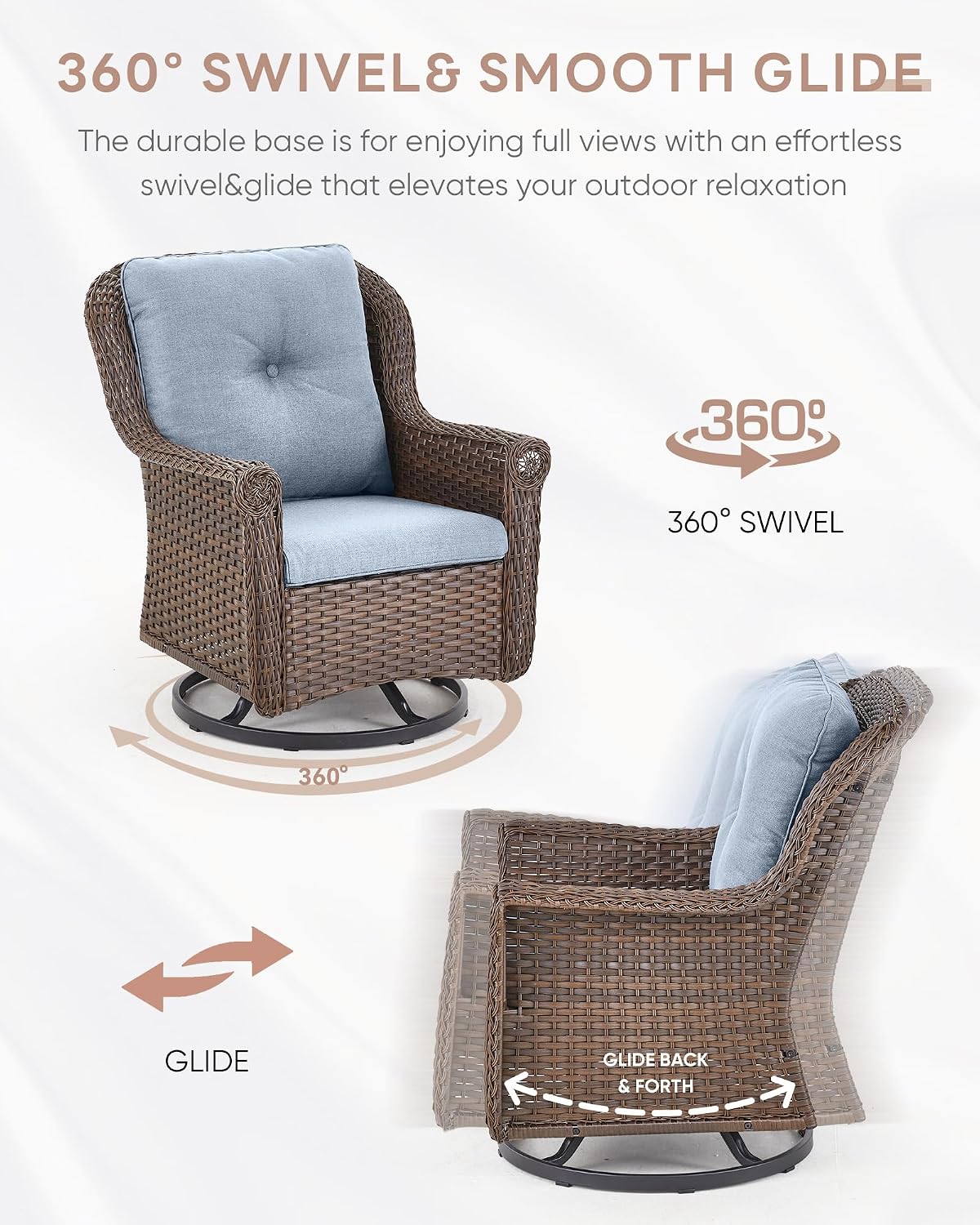 Patio Chairs Outdoor Swivel Glider - Set of 2 High Back Outside Brown Wicker Rattan Rocking Chair with Thick Cushion for Porch Apartment Deck Yard Poolside Garden - Baby Blue