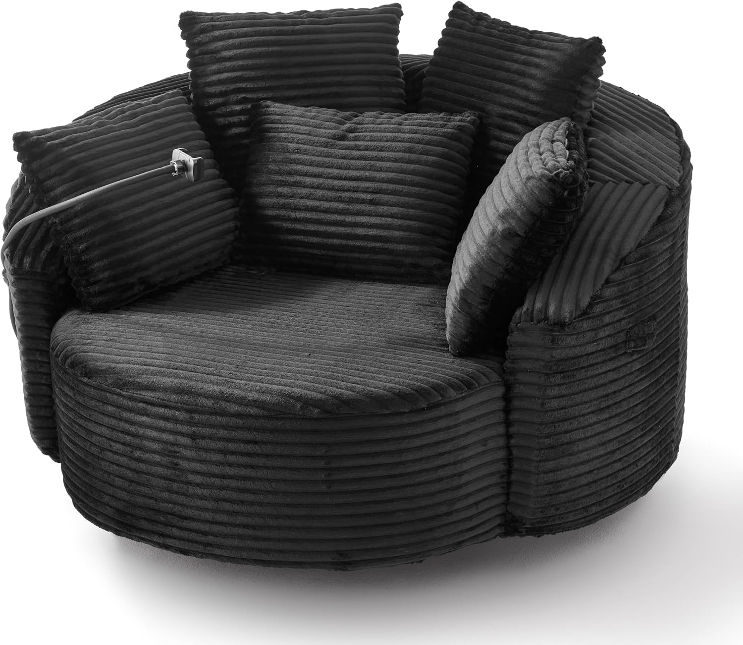 JIVOIT 360° Swivel Accent Chair with 5 Throw Pillows, Adjustable Phone Holder, Corduroy Fabric Round Sofa Chair Barrel Chair with Semi-Wraparound Design for Living Room, Office and Hotel (Black,1)