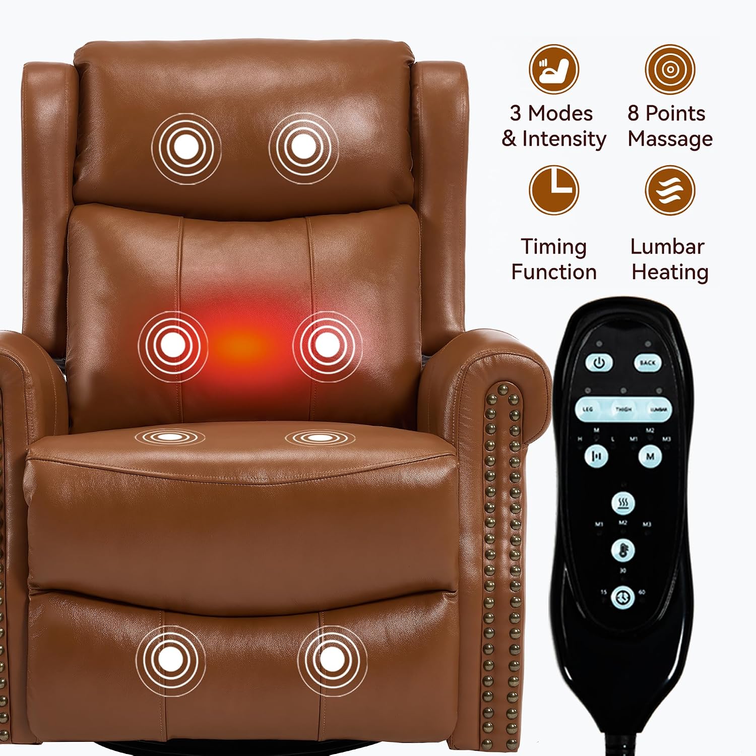 PELUMY Genuine Leather Swivel Rocking Recliner Chair for Adults, 360° Swivel Glider Rocker with Heat & Vibrating Massage, Lounge Chair for Living Room, Bedroom, Nursery (Earth Yellow)