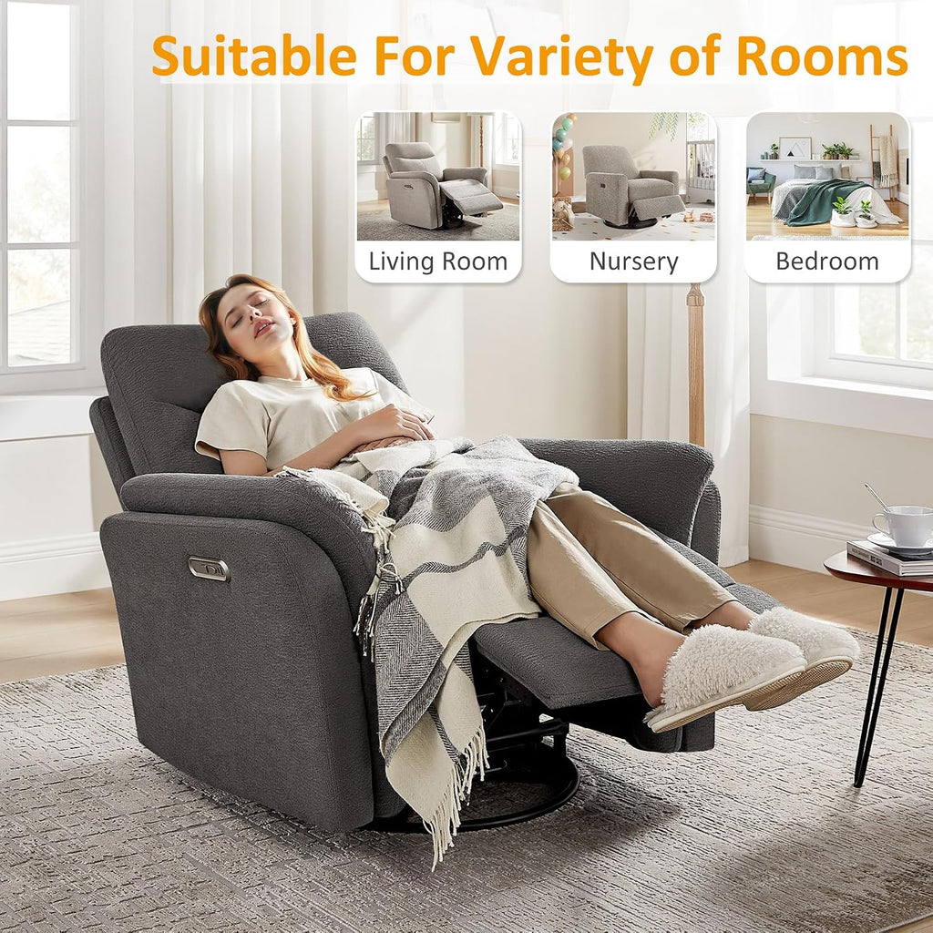 VANOMi Power Recliner Chair Swivel Glider, Electric Rocking Recliner Chairs with USB and Type-C Ports, Nursery Chair Recliner for Office, Living Room, Bedroom（Dark Gray）