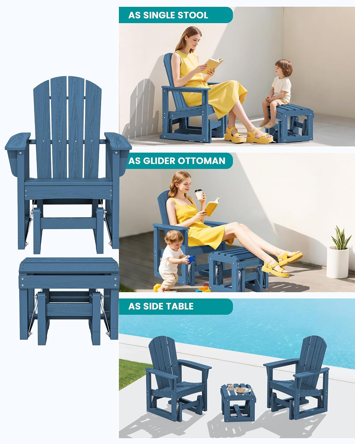 SERWALL Outdoor Glider Chair Set of 2 with Ottoman, HDPE Wood-Like Patio Glider Set All-Weather Porch Glider for Outside, Blue