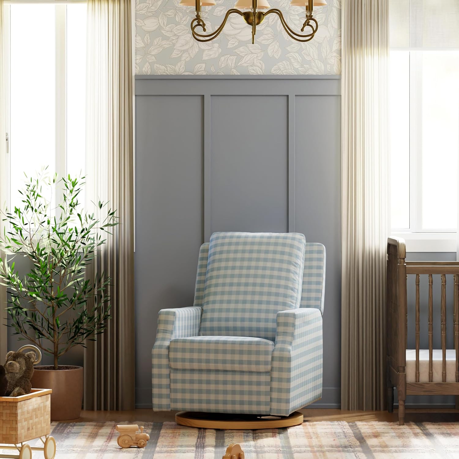 Namesake Crewe Glider Recliner Nursery Chair - GREENGUARD Gold & Certi-PUR US Certified Rocker Recliner - Glider Rocking Chair for Nursery & Living Room - Electronic, 270° Swivel, Blue Gingham