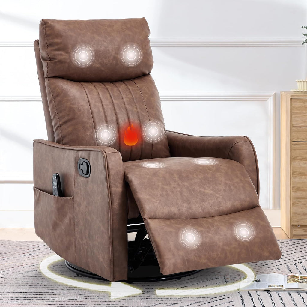 cinkehome Swivel Rocker Recliner, Glider Rocker Recliner Chair for Nursery, Manual Reclining Chair with Heated Massage, Small Spaces, Living Room, Faux Leather Light Brown
