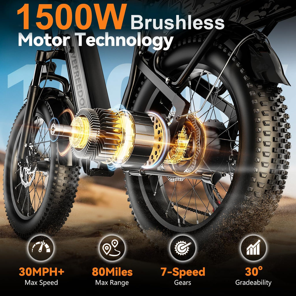 VEFREEDOM 1500W Motor Electric Bike for Adults 80 Miles 30MPH Ebike 20' x 4 Fat Tire 48V 20Ah Removable Battery Mountain E Bike Commuter Front Suspension Bicycles Men Women