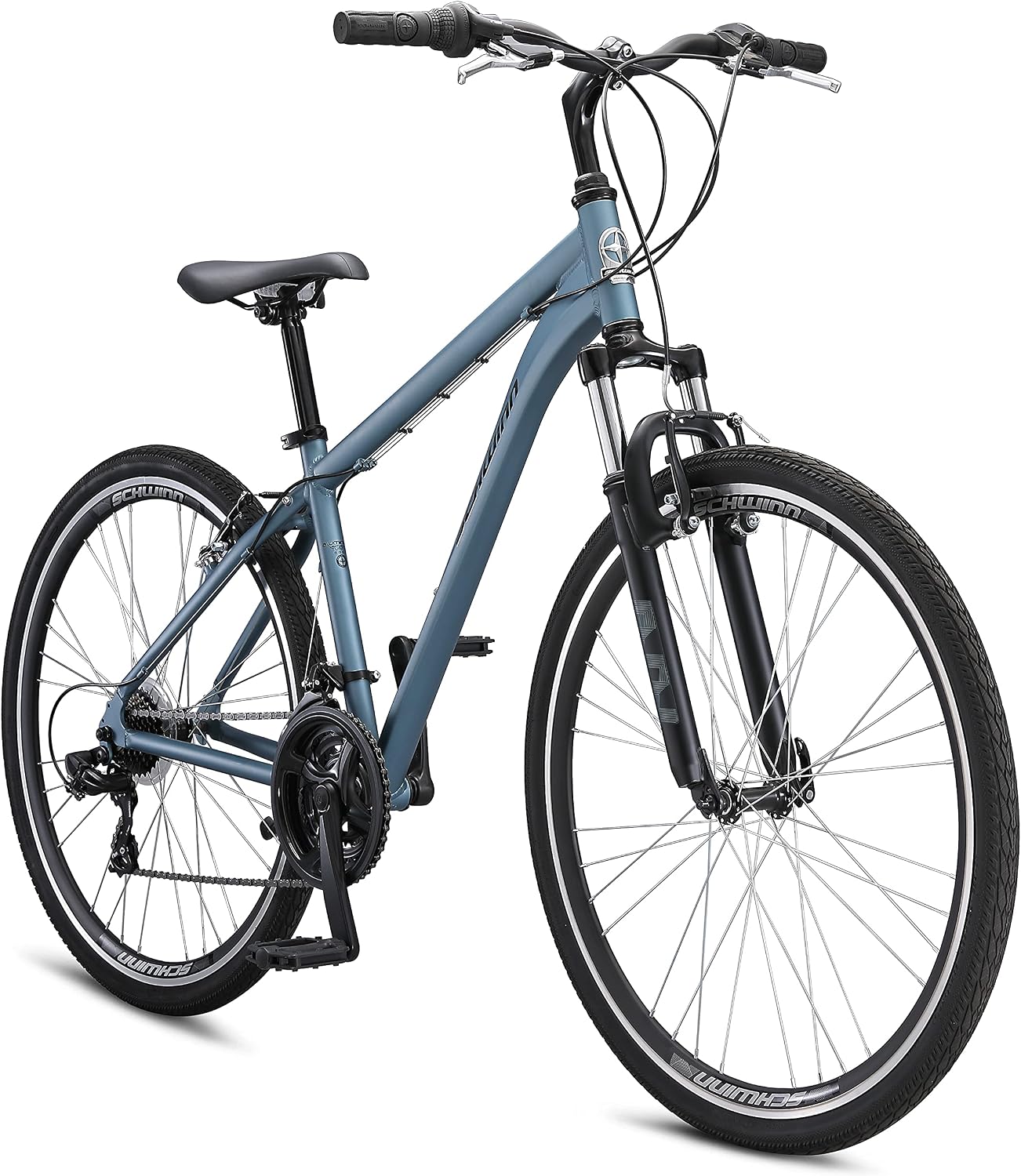 Schwinn Network 3.5 Hybrid Bike, Mens and Womens Bike, 21-Speed Hybrid Bicycle, Aluminum Frame, Suspension Seat, Alloy Linear Pull Brakes, Adult Bicycle