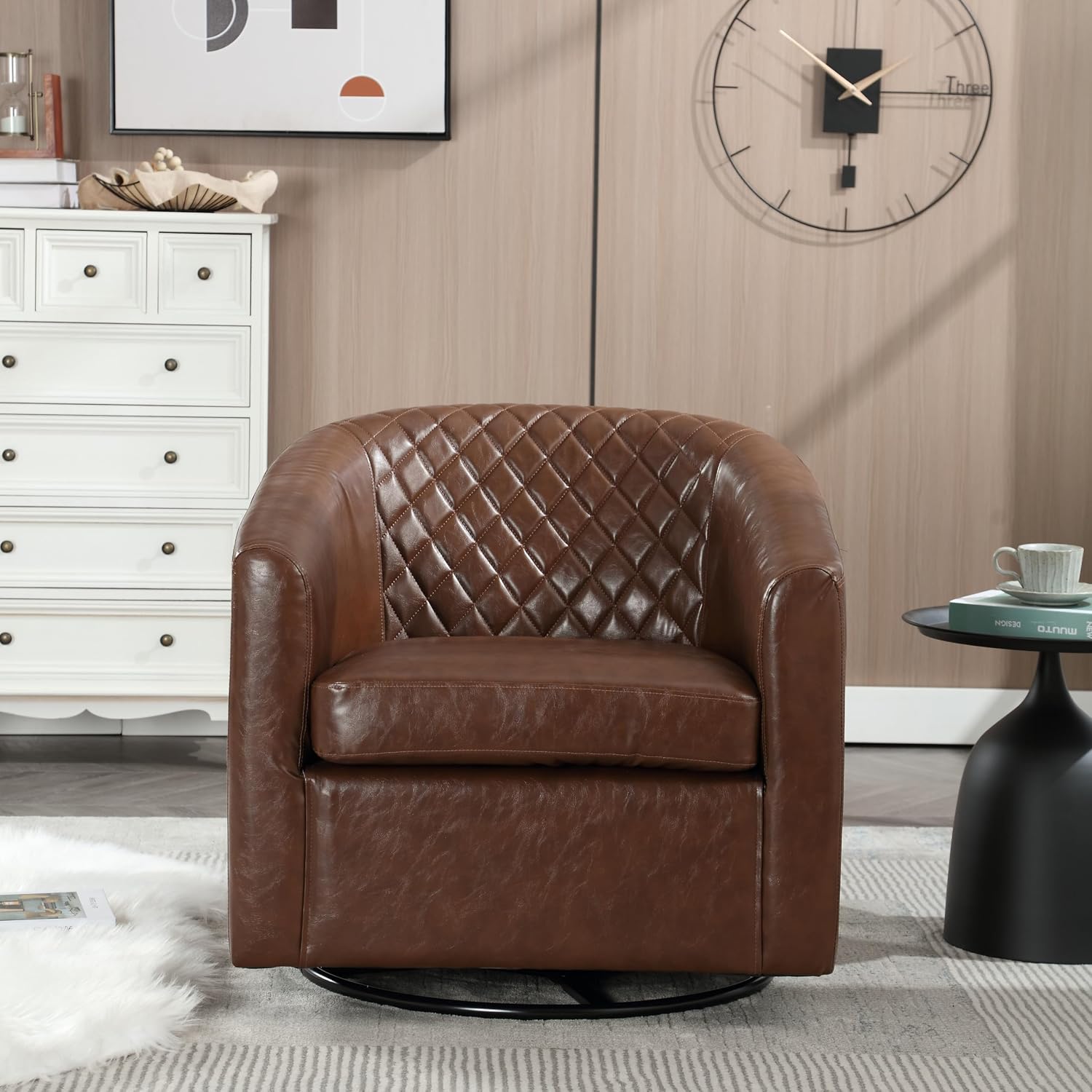 Modern Swivel Rocker Accent Chair Armchair Round Swivel Barrel Chair, 360° Rotating and Glide Back and Forth, Brown PU Leather