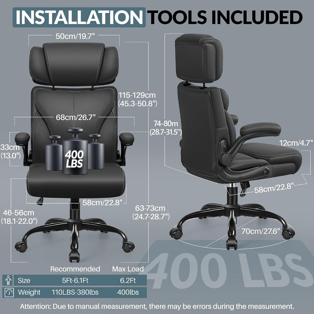 Office Chair, Ergonomic Big and Tall Computer Desk Chair with Retractable Adjustable Headrest, Executive Breathable Leather Chair, Lumbar Support Swivel PC Chair with Flip-up Armrests Rocking Function