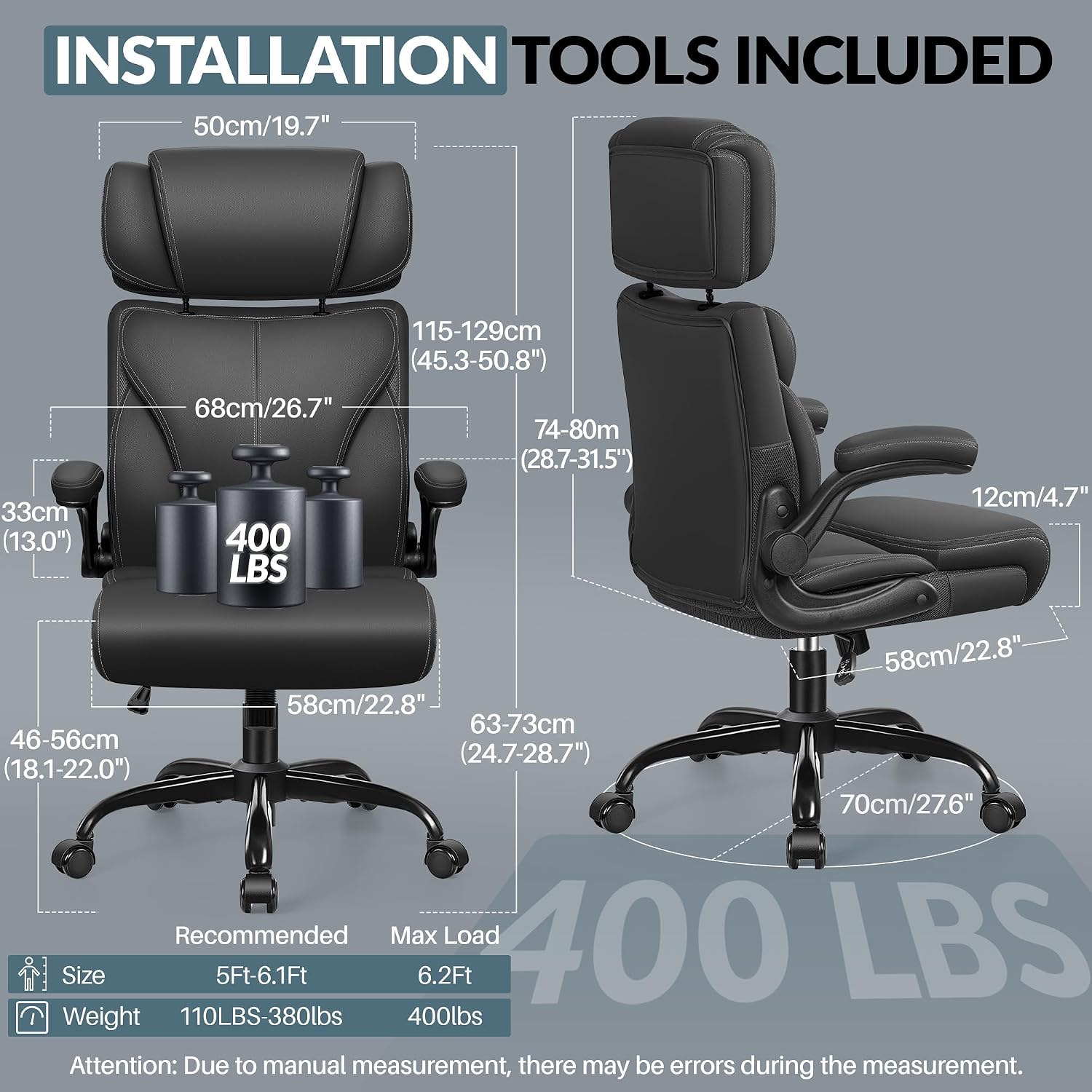Office Chair, Ergonomic Big and Tall Computer Desk Chair with Retractable Adjustable Headrest, Executive Breathable Leather Chair, Lumbar Support Swivel PC Chair with Flip-up Armrests Rocking Function