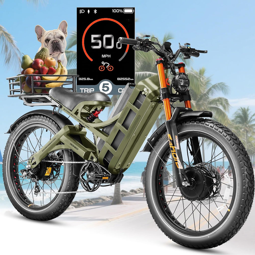 2026 eAhora Romeo Pro 3 Electric Bike for Adult, Peak 5600W Dual Motor, 50mph, 60V 80Ah Battery, 250 Miles Long Range, 26'*4.0 Fat Tire, Air Suspension, App, Commute, Delivery, All-terrian