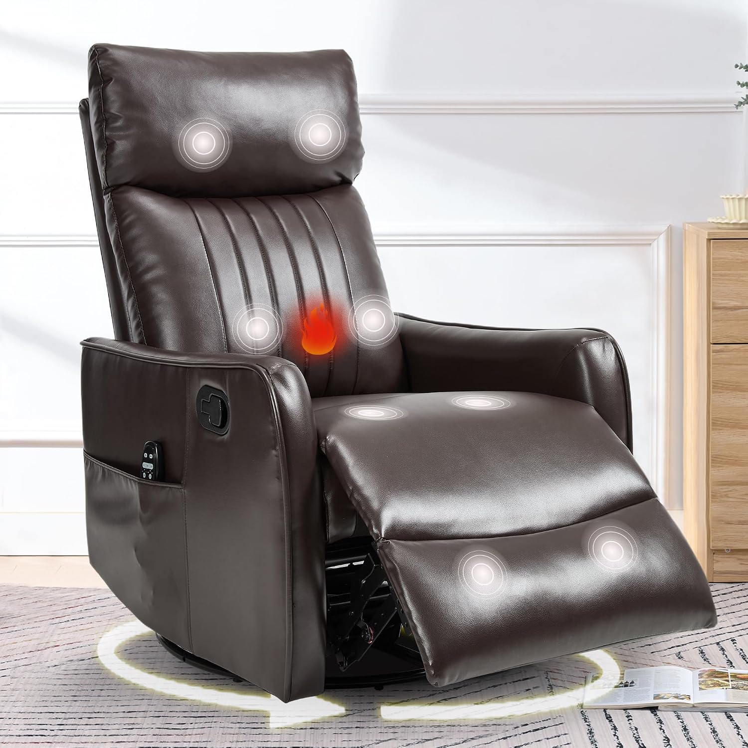 cinkehome Swivel Rocker Recliner, Glider Rocker Recliner Chair for Nursery, Manual Reclining Chair with Heated Massage, Small Spaces, Living Room, Faux Leather Brown