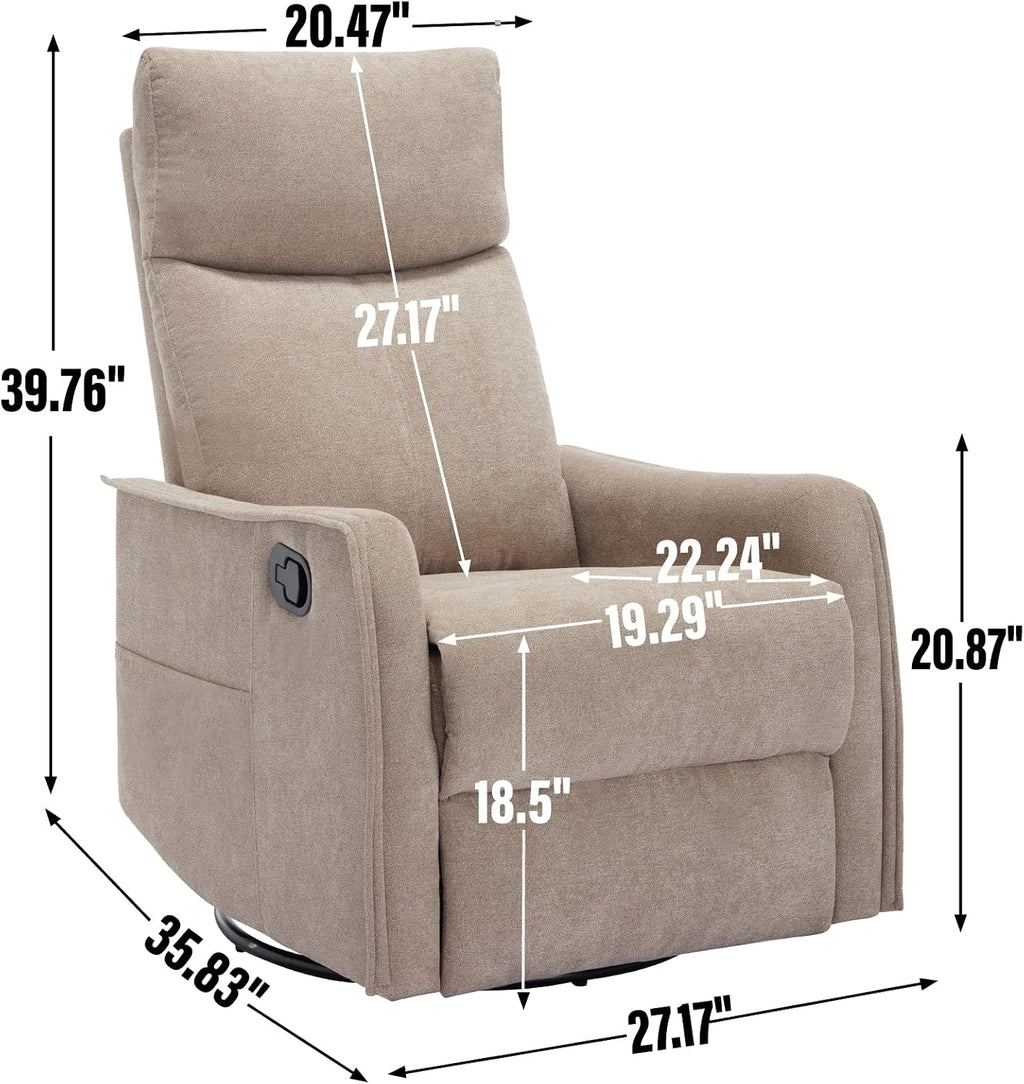 PELUMY 360 Swivel Rocking Recliner Chair for Adults, Nursery Rocking Chair with Heat and Massage, Glider Reclining Chair for Small Space, Living Room, Bedroom (Khaki)