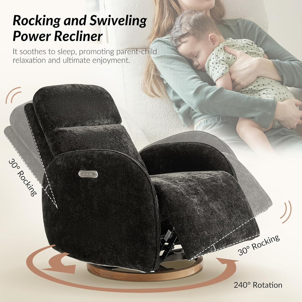 HULALA HOME Glider Recliner Nursery Chair with Adjustable Headrest and Lumbar Support, Modern Power Recliner with USB Port and Nightlight, Swivel Rocker Glider for Nursing Room Bedroom, Black