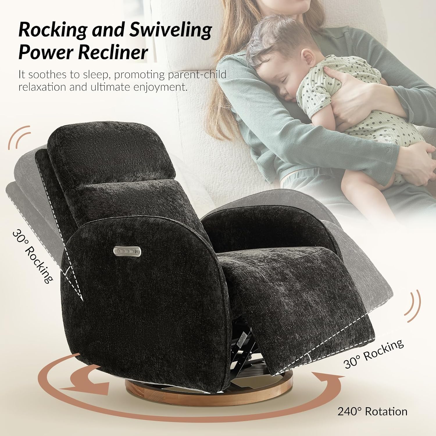 HULALA HOME Glider Recliner Nursery Chair with Adjustable Headrest and Lumbar Support, Modern Power Recliner with USB Port and Nightlight, Swivel Rocker Glider for Nursing Room Bedroom, Black