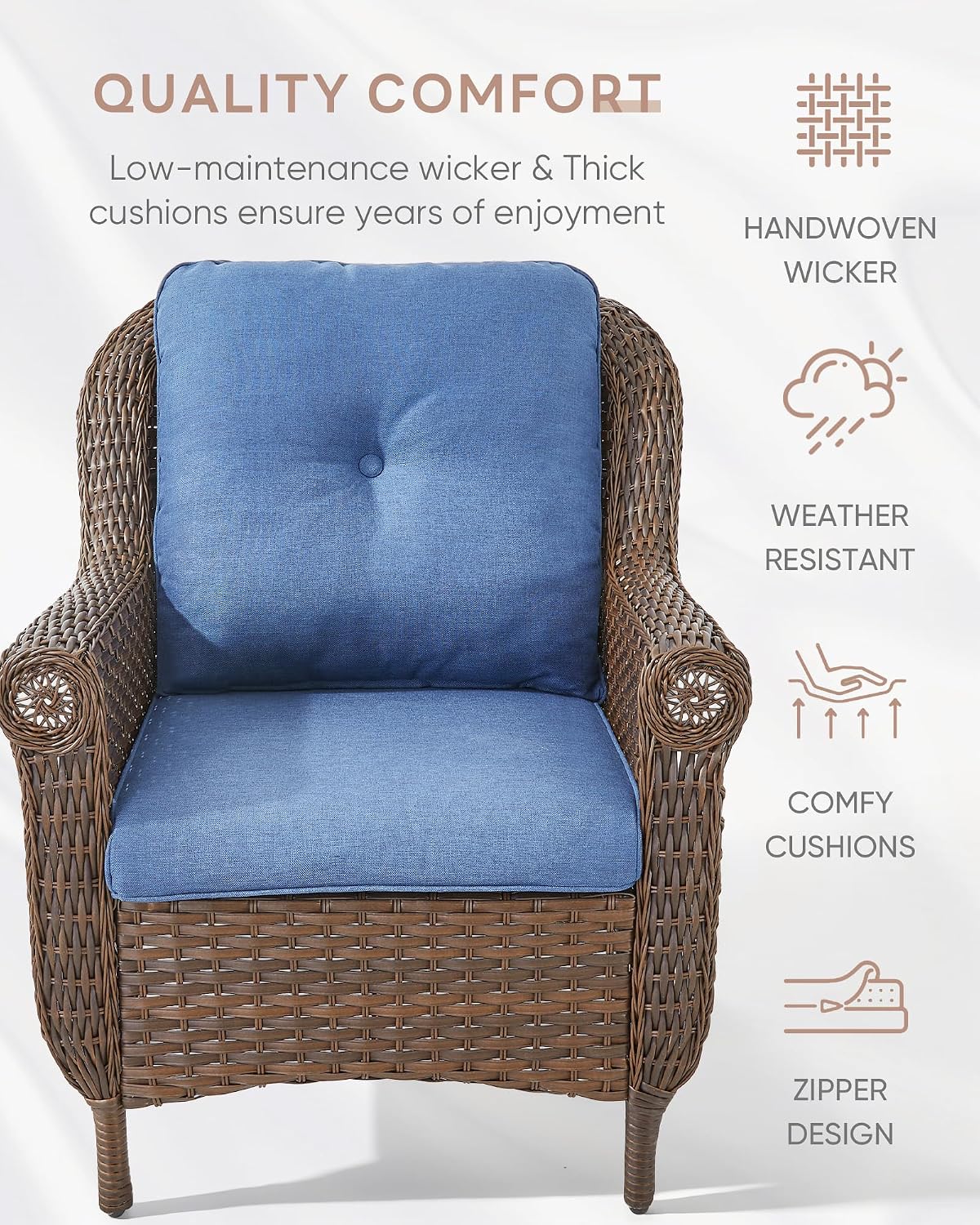 3 Piece Patio Brown Wicker Chairs with Side Table - Outdoor High Back Heavy Duty All-Weather Lawn Dining Rattan Chair Conversation Bistro Set for Deck Porch Balcony Backyard Garden - Navy Blue