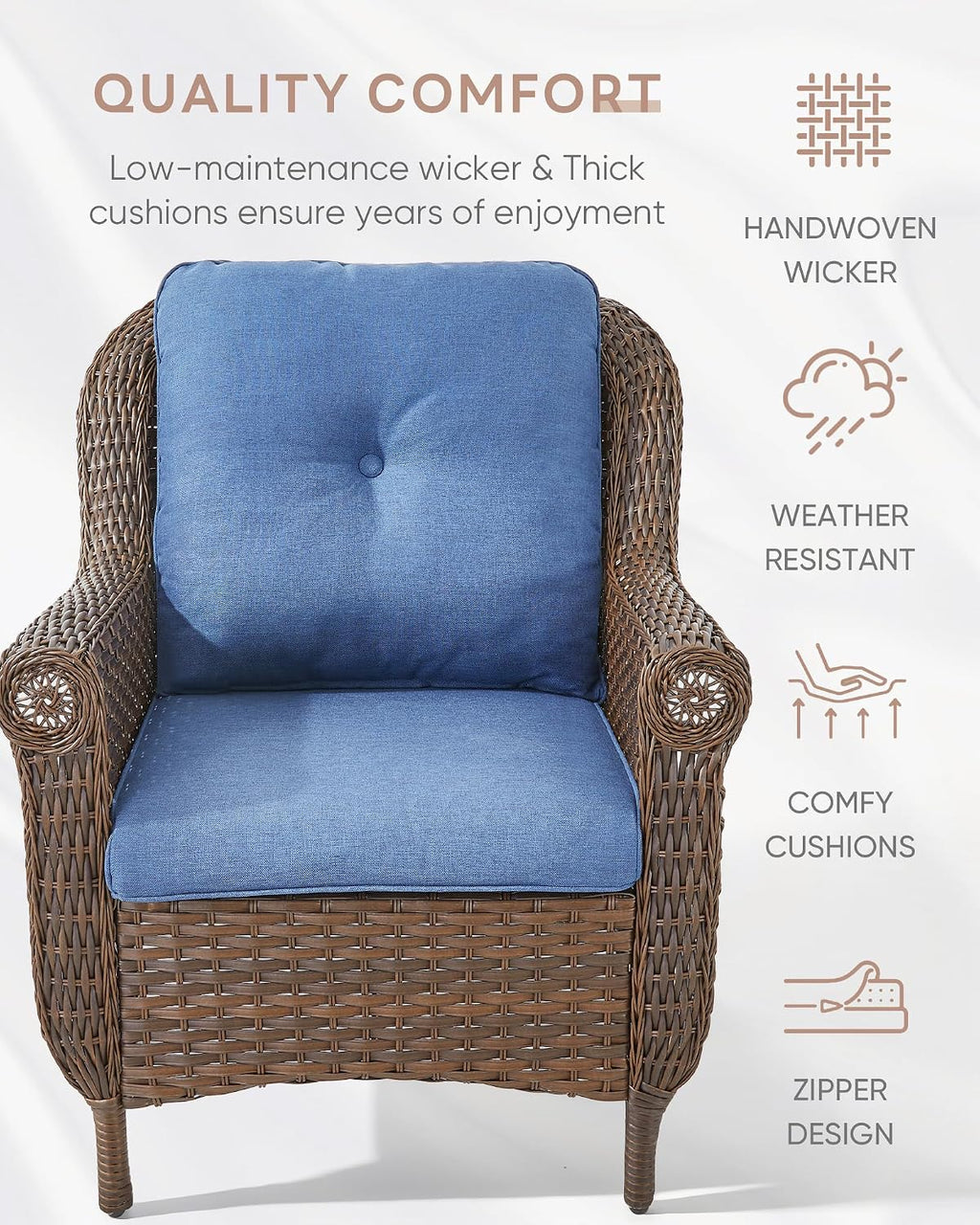 Patio Wicker Chairs Outdoor Furniture Chair - Set of 2 Outside All Weather Lawn Dining Brown Rattan Armchair with High Back&Deep Seating for Deck Porch Balcony Backyard Garden - Navy Blue