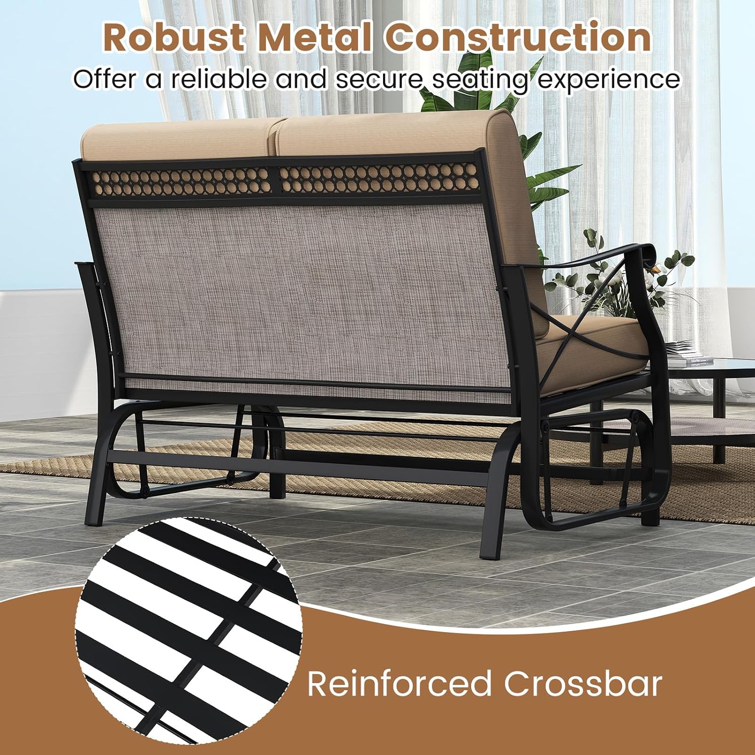 Giantex 2-Person Outdoor Glider, Rocking Chair Loveseat with Detachable Thick Cushions, Metal Frame, 660Lbs Capacity, Outside Swing Chair, Loveseat, Patio Glider Bench for Porch, Garden, Yard (Brown)