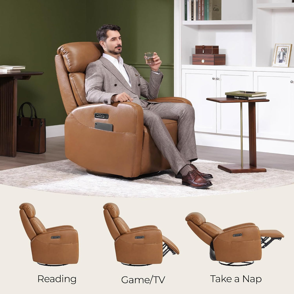CHITA Leather Power Swivel Recliner Chair for Adults, Triple Motor Electric Rocker Recliner for Living Room with Adjustable Headrest and Lumbar Support, USB & Type-C Charging Ports, Saddle Brown