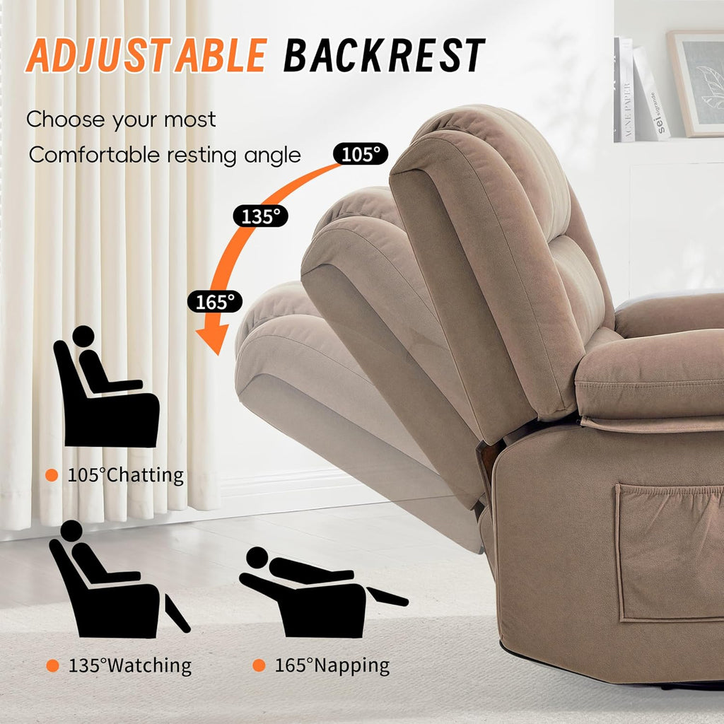 360°Swivel Rocker Recliner Chair for Adults,Manual Glider Recliner Sofa with Massage and Heating, Nursery Rocking Chairs with Cup Holds for Living Room Bedroom (Light Mocha)