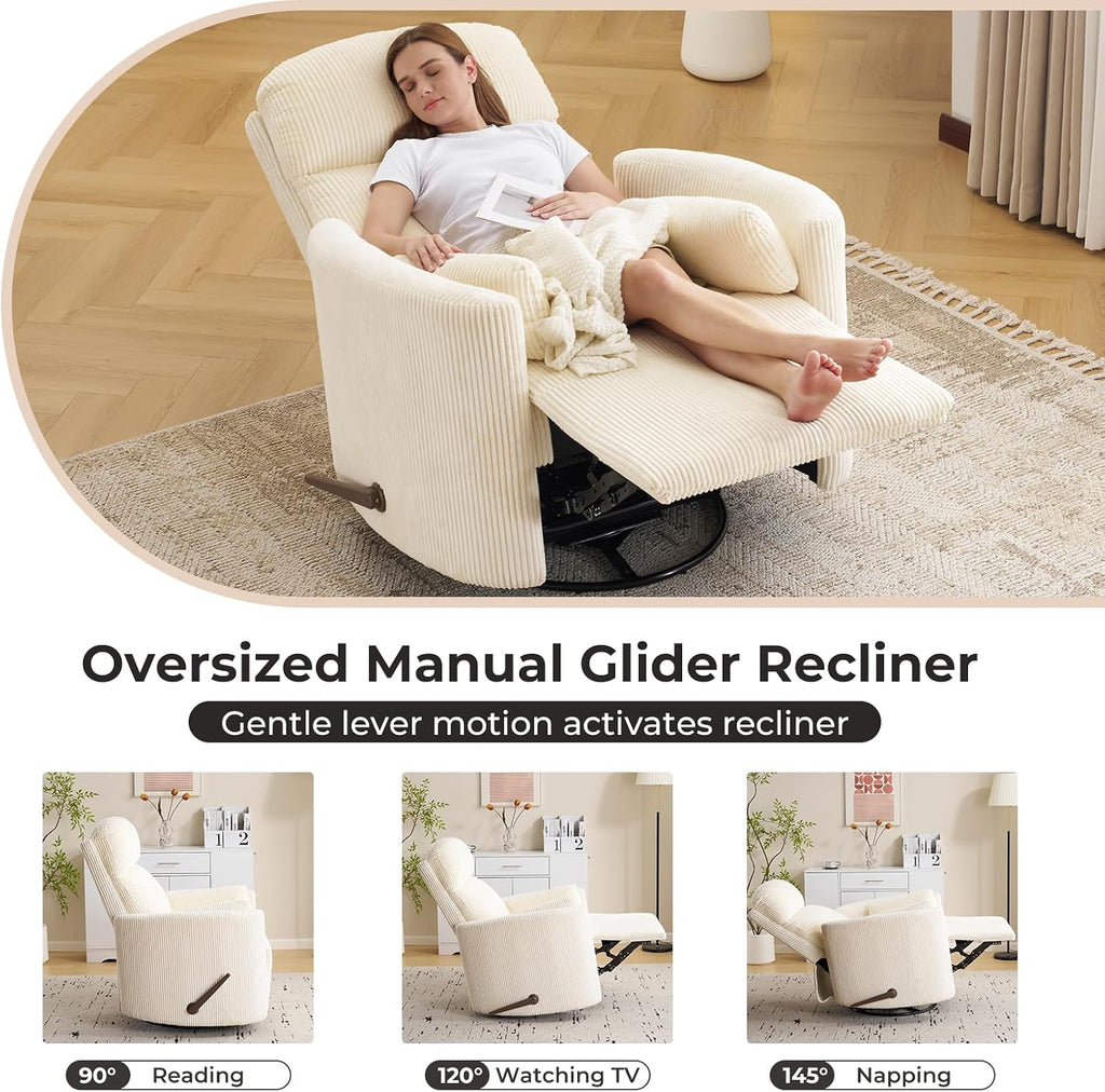 Oversized Swivel Rocker Recliner Chair with Massage and Heat, Manual Swivel Glider Rocker Recliner with 2 Pillows, Rocking Nursery Chair with Storage Ottoman, Adjustable Headrest,Corduroy Beige