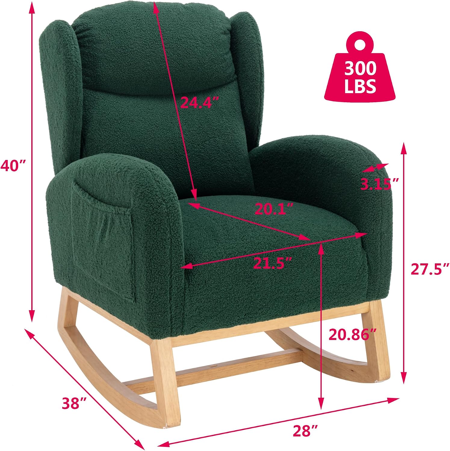 Setawix Teddy Rocking Glider Chair for Nursery,Upholstered Living Room Rocker Arm Chair,Leisure Sherpa Wingback Armchair,Mid Century Modern Rocking Accent Chair with Side Pockets (Wingback Green)