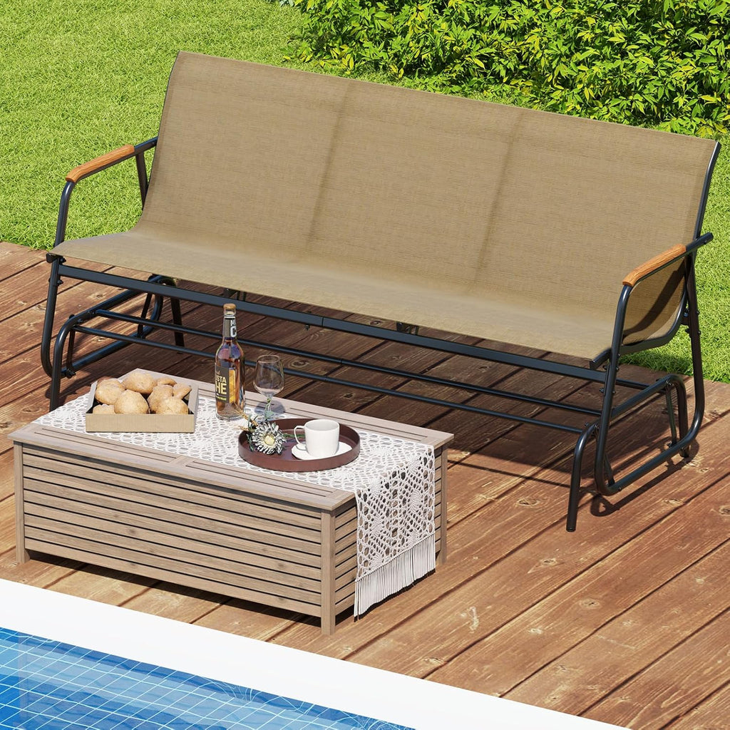 Giantex Patio Glider, 3-Person Swing Gliding Loveseat with Curved Teak Armrests, Fabric Seat, Metal Frame, Load 990lbs, Outdoor Rocking Chair for Porch, Yard, Poolside (29'x66.5'x33')